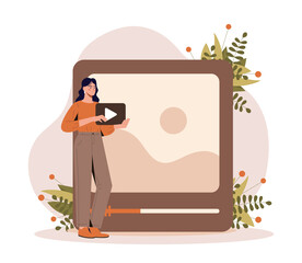 Fototapete - Woman watch video. Modern technologies and blogs. Internet and useful and interesting content, video hosting and social networks. Online courses and master classes. Cartoon flat vector illustration
