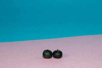 two little wild fruits that face a woman's breasts on a pink blue background