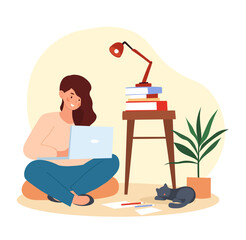 Poster - creative writer with laptop. freelancer and copywriting, filling site pages with content. smm specia