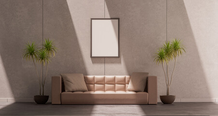 Wall Mural - Single poster frame on the concrete wall in an empty room under warm sunshine and sharp shadows. Picture frame with a leather single sofa, couch and exotic plants, 3d Rendering