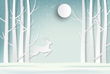 Deer Jumping In The Forest In The Midst Of The Falling Snow. Vector Paper Art And Digital Craft Style.