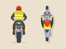 Isolated Man In A Red Helmet Riding Motorcycle. Back And Top View A Bike Rider. Flat Vector Illustration Template. 