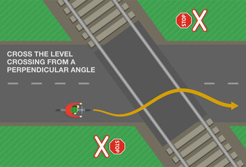 Wall Mural - Safety driving rules and tips. Cross the level crossing from a perpendicular angle. Top view of a cyclist on a city road. Flat vector illustration template.