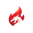 Negative space dragon head and fire flame logo design, fire dragon vector icon