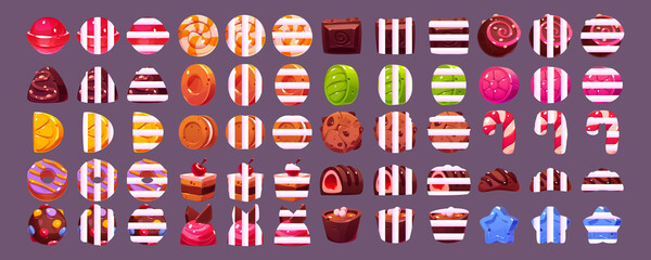 Poster - game icons of chocolate and hard sugar candies, lollipop, fruit drops, cake and bonbon with white st