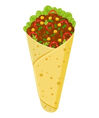 Cartoon Burrito with meat and vegetables. Mexican traditional food. Vector illustration. Isolated on white background