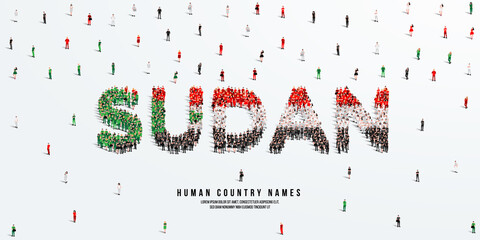 Wall Mural - A large group of people stands, making up the word Sudan. Sudan flag made from people crowd. Vector illustration isolated on white background.