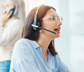 Poster - These are the steps you need to follow. Shot of an attractive young saleswoman sitting in the office and wearing a headset.