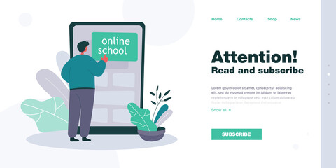 Aufkleber - Online school student standing in front of huge smartphone. Male character studying remotely flat vector illustration. Online education, technology concept for banner, website design or landing page