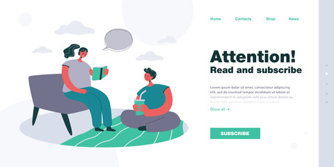 Poster - Cartoon mother sitting on sofa and reading book to son. Boy sitting on floor and listening to woman flat vector illustration. Family, parenting concept for banner, website design or landing web page