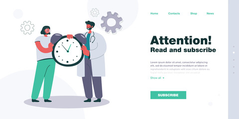 Wall Mural - Happy doctor and patient holding alarm clock. Woman and man in uniform setting time for medication or appointment flat vector illustration. Health, medicine concept for banner or landing web page