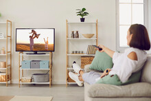 Woman Renter Relax On Comfortable Couch In Modern Home Watch TV Program, Use Good Mobile Provider Network Connection. Female Tenant Rest On Sofa Enjoy Television Program On Weekend Indoors.