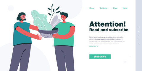 Poster - Female cartoon character giving potted plant to male friend. Man holding pot with leaves flat vector illustration. Ecology, nature, care concept for banner, website design or landing web page