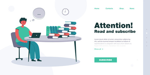 Aufkleber - Sad cartoon boy sitting at table with piles of books. Bored kid using laptop for homework, thought bubble flat vector illustration. School, education concept for banner, website design or landing page