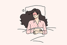 Calm Young Woman With Eye Mask Lying Relaxing In Soft Bed Sleeping Or Taking Nap. Relaxed Millennial Girl Asleep In Bedroom, See Dreams At Night. Relaxation And Fatigue. Vector Illustration. 