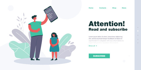 Aufkleber - Father holding tablet with electronic school diary to daughter. Man praising girl for good grades flat vector illustration. Education, technology, family, parenting concept for banner, website design