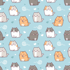 Poster - Seamless pattern with cute kawaii cats or kittens in pastel colors. Vector illustration with red kittens. Background for print fabric, textile design, wrapping paper or wallpaper