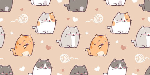 Poster - Seamless pattern with cute kawaii cats or kittens in pastel colors. Vector illustration with red kittens. Background for print fabric, textile design, wrapping paper or wallpaper