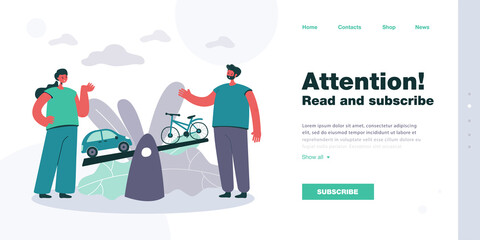 Poster - Cartoon couple comparing car to bicycle on seesaw. Choosing between eco transport and automobile flat vector illustration. Ecology, transportation concept for banner, website design or landing page