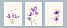 Abstract Floral Watercolor Wall Art Template. Set Of Wall Decor With Purple Crocus Flowers, Blooms, And Leaves In Watercolor Texture. Spring Season Painting For Wallpaper, Cover And Poster.