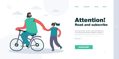 Poster - Mother on bicycle and daughter on roller skates in park. Woman cycling while holding hand of girl flat vector illustration. Family, outdoor activity concept for banner, website design or landing page