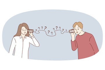 Wall Mural - Misunderstanding and problems in communication concept. Frustrated woman and man standing hearing in glasses trying to understand and listen to each other vector illustration 