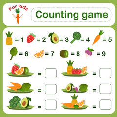 Children's educational mathematical addition game with vegetables and fruits. Vector illustration