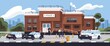 © Good Studio - Police station building exterior with patrol cars and officers outside. City investigation bureau with policemen, cops outdoors. Street panorama with detective department. Flat vector illustration