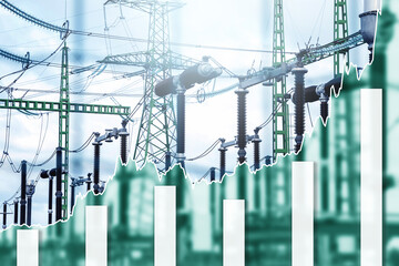 power plant details and raising histogram chart representing electricity prices rise