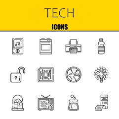 Poster - tech vector line icons set. music player, oven and printer Icons. Thin line design. Modern outline graphic elements, simple stroke symbols stock illustration