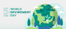 World Environment Day - Green Happy Globle World Charecter Hold Young Plant And Tree Around Vector Design