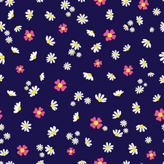 Wall Mural - Ditsy floral pattern white pink flowers on dark blue