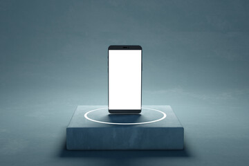 Poster - Close up of blank white smartphone on concrete pedestal. Technology and device presentation concept. Mock up, 3D Rendering.