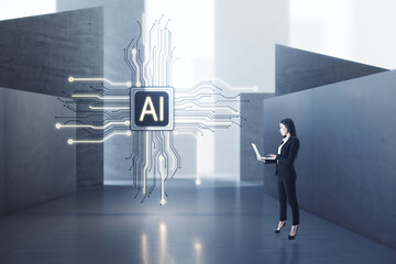 Aufkleber - Attractive european businesswoman with laptop computer standing in concrete interior with abstract micro chip. AI and technology concept.