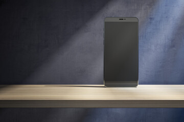 Poster - Close up of blank smartphone on wooden desktop and concrete wall background with shadows and mock up place. Gadget presentation concept. 3D Rendering.