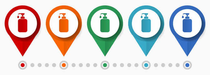 Aufkleber - Liquid soap concept vector icon set, flat design coronavirus protection pointers, infographic template easy to edit