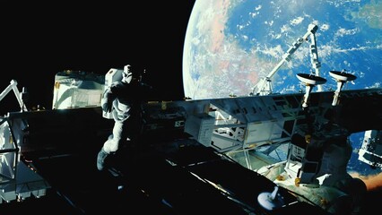 Wall Mural - Astronaut working on space station above the Earth. Astronaut Spacewalk, waving his hand in the open space.
