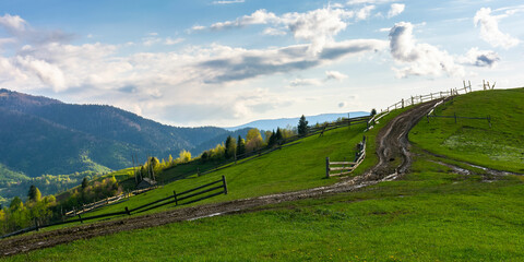 Wall Mural - mountainous rural landscape in springtime. wooden fence along the path through rolling hills. wonder