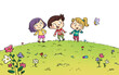 Illustration of children friends walking in the field in spring