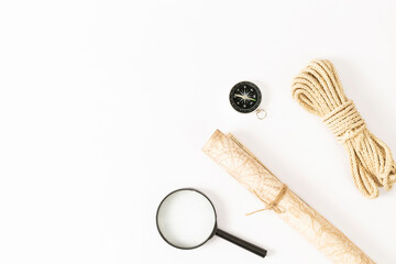 magnifying glass rope compass on a white background