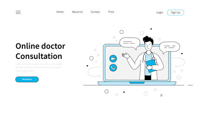 Online doctor, virtual medicine health template. Landing page outline doodle style. Medicine web site, online clinic, mobile pharmacy service vector illustration.