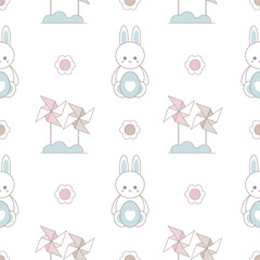 Wall Mural - Spring Easter Seamless pattern and  card with cute elements. Pattern for print, textile, fabric,  background, wallpaper, kids decor room. Cute flat cartoon character. Surface design