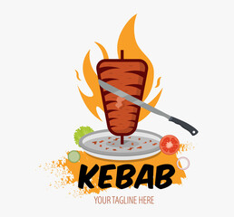 Wall Mural - Creative Doner kebab logo with flame element. Shawarma emblem. Turkish fast food restaurant, barbecue cafe or grill bar symbol of skewer or rotating spit with grilled meat.