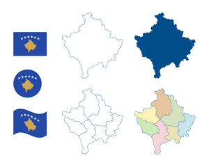 Wall Mural - Kosovo map. Detailed blue outline and silhouette. Administrative divisions and districts. Country flag. Set of vector maps. All isolated on white background. Template for design and infographics.