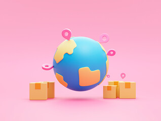 Poster - Pointer pin location on earth global world with Cardboard boxes transportation logistics concept on pink background icon or symbol 3D rendering