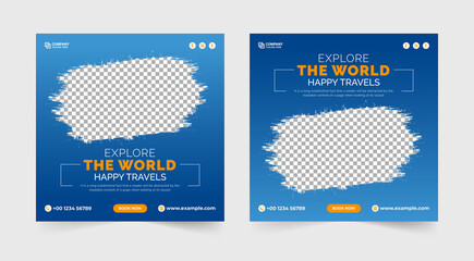 Wall Mural - Tour Travel agency promotion template. Tour social media post. Travel vacation square discount offer banner. Outdoor adventure discount offer template. Holidays travel tour social media template.