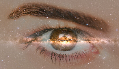 Wall Mural - milky way galaxy in the beautiful girl eye with frightened girl