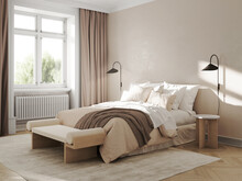 3d Rendering Of A Taupe Scandinavian Bedroom With Wooden Bench, Wall Lamps And A Big Cosy Fluffy Bed