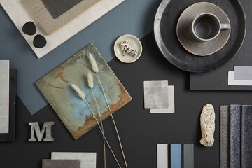 Wall Mural - Creative flat lay composition with textile and paint samples, panels and tiles. Stylish interior designer moodboard. Black, blue, beige and dark grey color palette. Copy space. Template. .