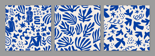 set of vector seamless pattern include women figures and plants inspired by matisse. cut paper diffe